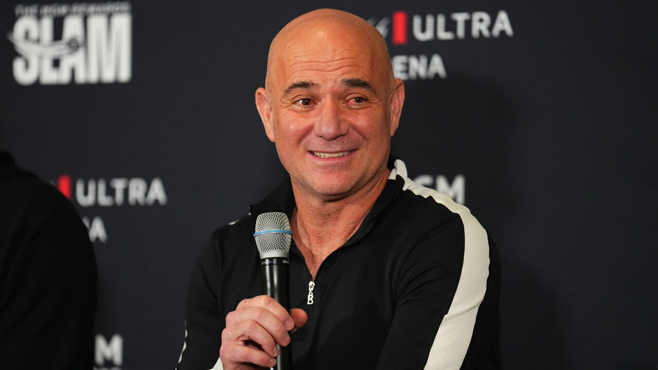LAS VEGAS, NEVADA - MARCH 01: Andre Agassi speaks to media prior to the MGM Rewards Slam at Michelob ULTRA Arena on March 01, 2025 in Las Vegas, Nevada.