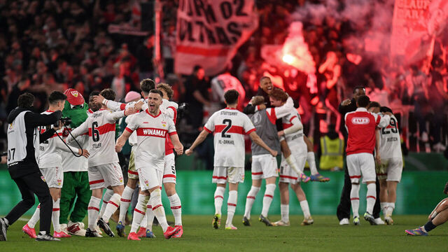 Stuttgart players celebrate winning the German Cup (DFB Pokal) semi-final football match between VfB Stuttgart and RB Leipzig in Stuttgart, southwestern Germany on April 2, 2025.