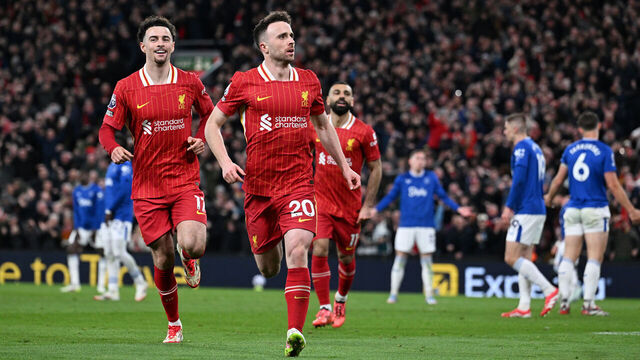 LIVERPOOL, ENGLAND - APRIL 02: (THE SUN OUT, THE SUN ON SUNDAY OUT) Diogo Jota of Liverpool celebrates scoring his team's first goal during the Premier League match between Liverpool FC and Everton FC at Anfield on April 02, 2025 in Liverpool, England.