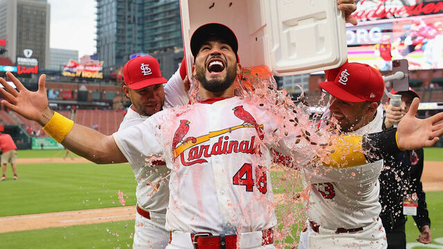ST LOUIS, MISSOURI - APRIL 2: Willson Contreras #40 and Pedro Pagés #43 both of the St. Louis Cardinals dump a cooler on Iván Herrera #48 of the St. Louis Cardinals after Herrera hit three home runs in a game against the Los Angeles Angels at Busch Stadium on April 2, 2025 in St Louis, Missouri.