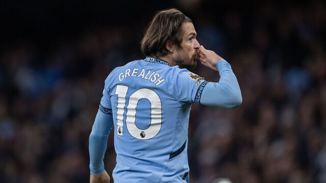 MANCHESTER, ENGLAND - APRIL 2: Jack Grealish of Manchester City celebrates scoring his team's first goal during the Premier League match between Manchester City FC and Leicester City FC at Etihad Stadium on April 2, 2025 in Manchester, England.