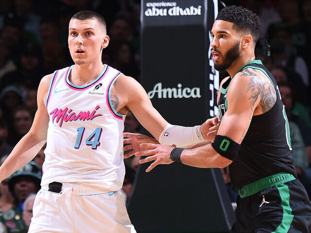 BOSTON, MA - APRIL 2: Tyler Herro #14 of the Miami Heat and Jayson Tatum #0 of the Boston Celtics look on during the game on April 2, 2025 at TD Garden in Boston, Massachusetts. NOTE TO USER: User expressly acknowledges and agrees that, by downloading and/or using this Photograph, user is consenting to the terms and conditions of the Getty Images License Agreement. Mandatory Copyright Notice: Copyright 2025 NBAE