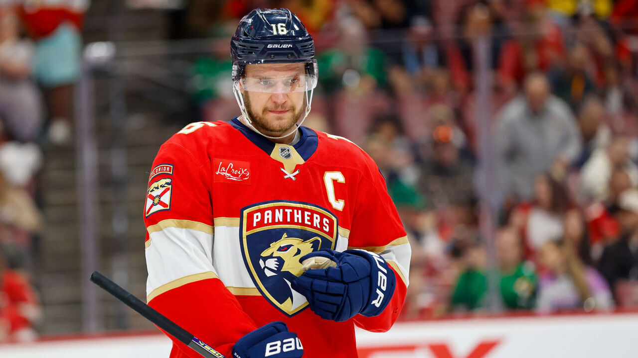 SUNRISE, FL - MARCH 08: Florida Panthers Center Aleksander Barkov (16) looks on during the first period of the game between the Buffalo Sabres and the Florida Panthers on Saturday March 8, 2025 at Amerant Bank Arena in Sunrise, Fla.
