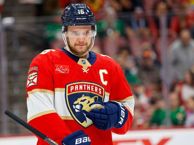 SUNRISE, FL - MARCH 08: Florida Panthers Center Aleksander Barkov (16) looks on during the first period of the game between the Buffalo Sabres and the Florida Panthers on Saturday March 8, 2025 at Amerant Bank Arena in Sunrise, Fla.