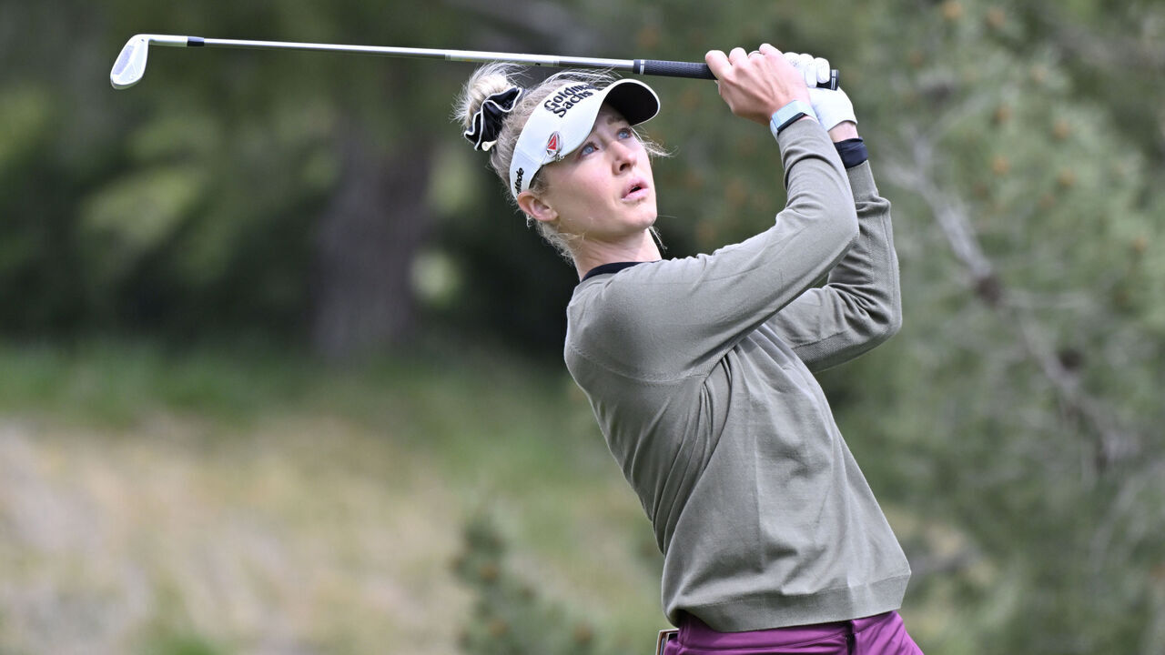 LAS VEGAS, NEVADA - APRIL 02: Nelly Korda of the United States plays her shot from the fifth tee during the first round of the T-Mobile Match Play presented by MGM Rewards 2025 at Shadow Creek Golf Course on April 02, 2025 in Las Vegas, Nevada.
