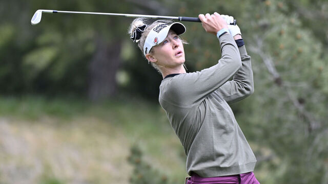 LAS VEGAS, NEVADA - APRIL 02: Nelly Korda of the United States plays her shot from the fifth tee during the first round of the T-Mobile Match Play presented by MGM Rewards 2025 at Shadow Creek Golf Course on April 02, 2025 in Las Vegas, Nevada.