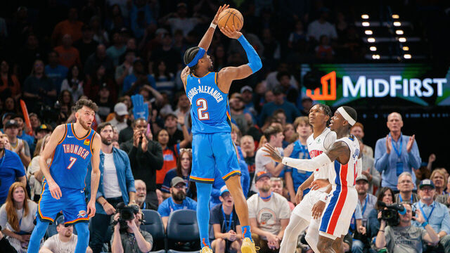 OKLAHOMA CITY, OKLAHOMA - APRIL 2: Shai Gilgeous-Alexander #2 of the Oklahoma City Thunder shoots the ball during the fourth quarter against the Detroit Pistons at Paycom Center on April 2, 2025 in Oklahoma City, Oklahoma.