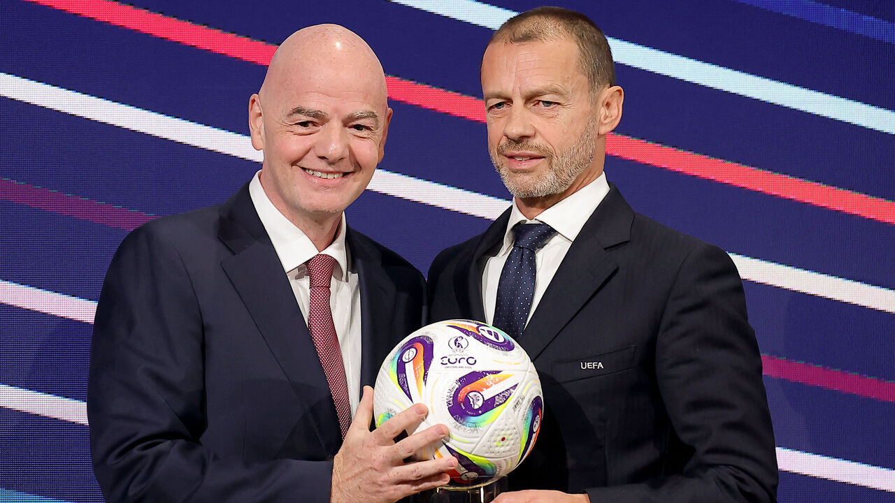 President of FIFA Gianni Infantino (L) and UEFA president Aleksander Ceferin (R) pose during the 49th UEFA ordinary Congress held at the "Sava Centar" congress center in Belgrade on April 3, 2025.