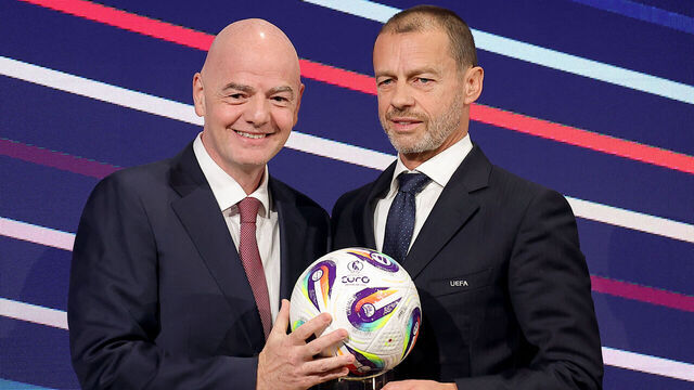 President of FIFA Gianni Infantino (L) and UEFA president Aleksander Ceferin (R) pose during the 49th UEFA ordinary Congress held at the "Sava Centar" congress center in Belgrade on April 3, 2025.