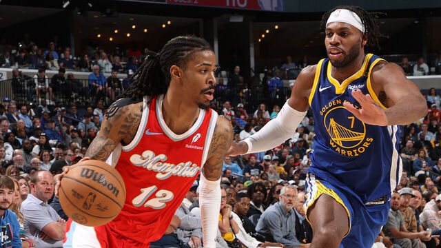 MEMPHIS, TN - APRIL 1: Ja Morant #12 of the Memphis Grizzlies drives to the basket during the game against the Golden State Warriors on April 1, 2025 at FedExForum in Memphis, Tennessee. Mandatory Copyright Notice: Copyright 2025 NBAE