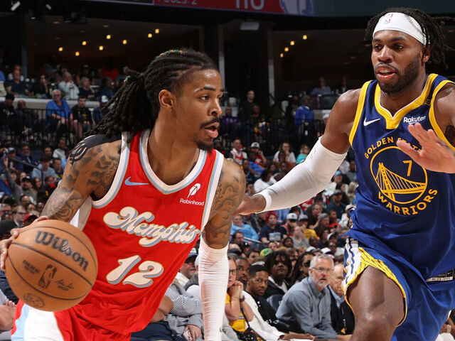 MEMPHIS, TN - APRIL 1: Ja Morant #12 of the Memphis Grizzlies drives to the basket during the game against the Golden State Warriors on April 1, 2025 at FedExForum in Memphis, Tennessee. Mandatory Copyright Notice: Copyright 2025 NBAE