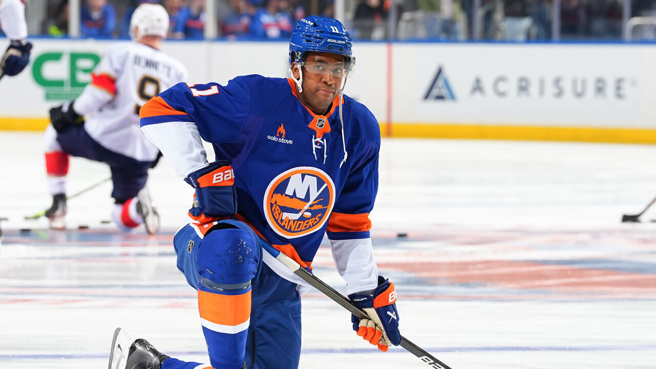 ELMONT, NY - MARCH 16: Anthony Duclair #11 of the New York Islanders during warm up prior to the game against the Florida Panthers at UBS Arena on March 16, 2025 in Elmont, New York.
