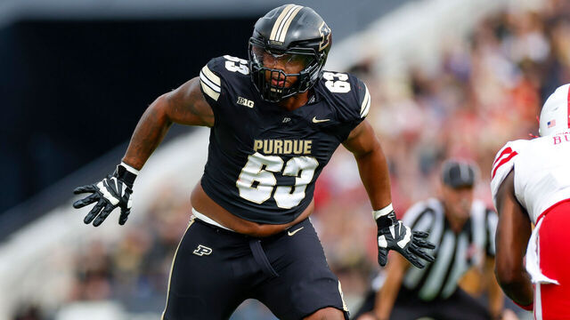 WEST LAFAYETTE, INDIANA - SEPTEMBER 28: Marcus Mbow #63 of the Purdue Boilermakers blocks during a game against the Nebraska Cornhuskers at Ross-Ade Stadium on September 28, 2024 in West Lafayette, Indiana.