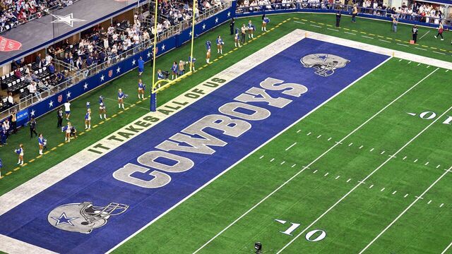 ARLINGTON, TX - JANUARY 16: A detail view of the Dallas Cowboys logo is seen in the endzone during the NFC Wild Card game between the San Francisco 49ers and the Dallas Cowboys on January 16, 2022 at AT&T Stadium in Arlington, TX.