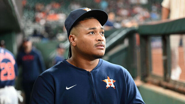 HOUSTON, TEXAS - MAY 04: Luis Garcia #77 of the Houston Astros stands in the dugout before the game against the Seattle Mariners at Minute Maid Park on May 04, 2024 in Houston, Texas.