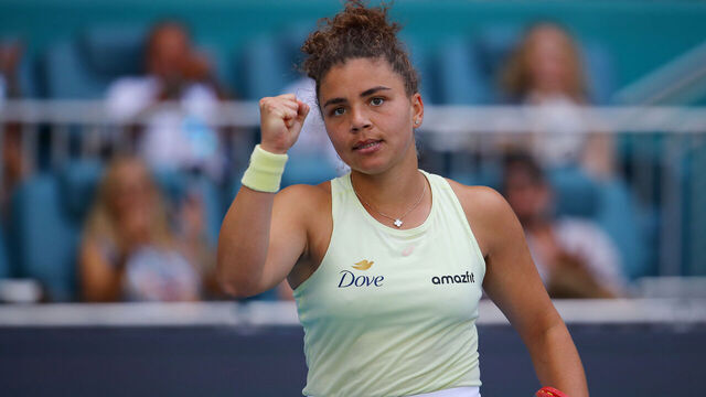 MIAMI GARDENS, FLORIDA - MARCH 27: Jasmine Paolini of Italy reacts after a point against Aryna Sabalenka in the women's semifinal on Day 10 of the Miami Open at Hard Rock Stadium on March 27, 2025 in Miami Gardens, Florida.