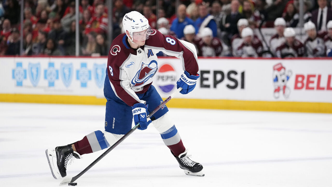 CHICAGO, ILLINOIS - APRIL 02: Cale Makar #8 of the Colorado Avalanche shoots the puck against the Chicago Blackhawks during the third period at the United Center on April 02, 2025 in Chicago, Illinois.