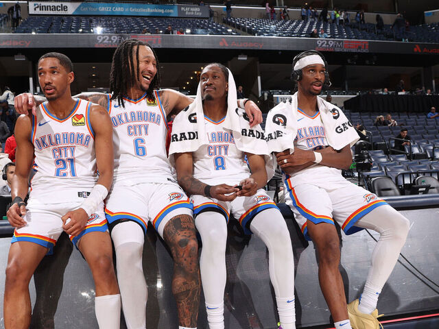 MEMPHIS, TN - MARCH 5: Aaron Wiggins #21, Jaylin Williams #6 Jalen Williams #8 and Shai Gilgeous-Alexander #2 of the Oklahoma City Thunder look on after the game against the Memphis Grizzlies on March 5, 2025 at FedExForum in Memphis, Tennessee. Mandatory Copyright Notice: Copyright 2025 NBAE