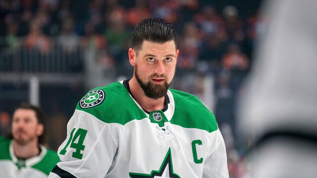 EDMONTON, CANADA - MARCH 26: Jamie Benn #14 of the Dallas Stars warms up prior to the game against the Edmonton Oilers at Rogers Place on March 26, 2025 in Edmonton, Canada.
