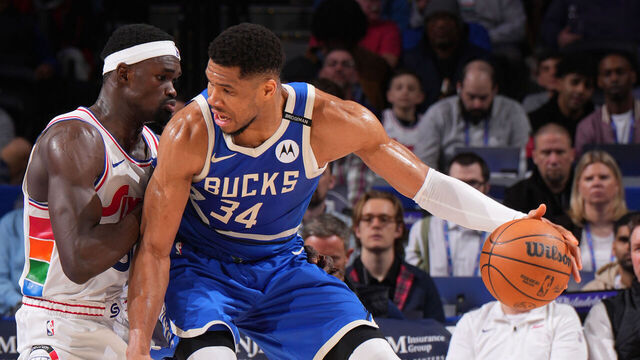 PHILADELPHIA, PA - APRIL 3: Giannis Antetokounmpo #34 of the Milwaukee Bucks dribbles the ball during the game against the Philadelphia 76ers on April 3, 2025 at the Wells Fargo Center in Philadelphia, Pennsylvania NOTE TO USER: User expressly acknowledges and agrees that, by downloading and/or using this Photograph, user is consenting to the terms and conditions of the Getty Images License Agreement. Mandatory Copyright Notice: Copyright 2025 NBAE