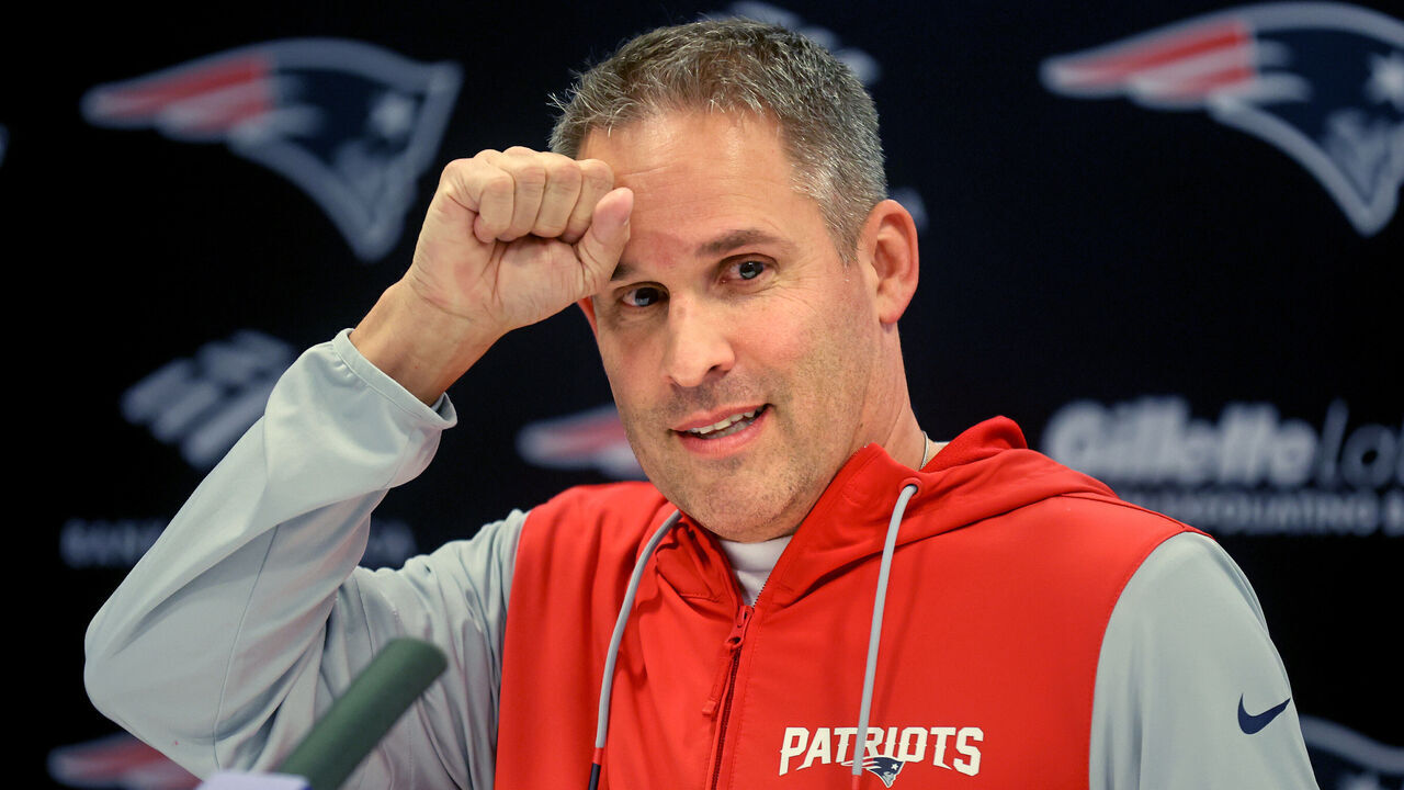 Foxboro, MA - April 3 - New England Patriots offensive coordinator Josh McDaniels speaks to the media at Gillette Stadium.