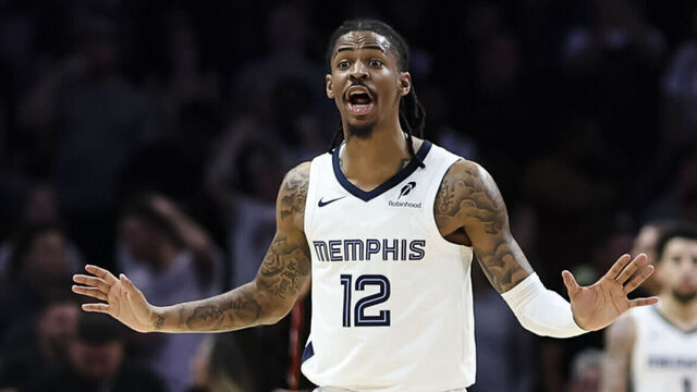 MIAMI, FLORIDA - APRIL 03: Ja Morant #12 of the Memphis Grizzlies reacts during the 4th quarter against the Miami Heat at Kaseya Center on April 03, 2025 in Miami, Florida.