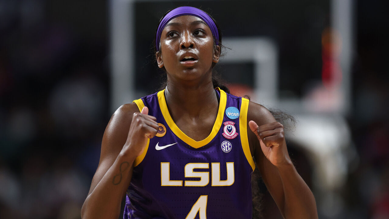 SPOKANE, WASHINGTON - MARCH 30: Flau'Jae Johnson #4 of the LSU Lady Tigers reacts during the second half against the UCLA Bruins in the Elite Eight round of the NCAA Women's Basketball Tournament at Spokane Arena on March 30, 2025 in Spokane, Washington.
