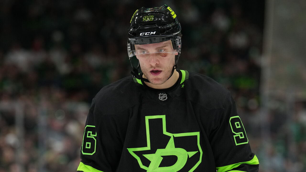 DALLAS, TX - APRIL 3: Mikko Rantanen #96 of the Dallas Stars skates against the Nashville Predators at the American Airlines Center on April 3, 2025 in Dallas, Texas.