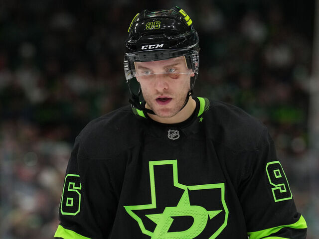 DALLAS, TX - APRIL 3: Mikko Rantanen #96 of the Dallas Stars skates against the Nashville Predators at the American Airlines Center on April 3, 2025 in Dallas, Texas.