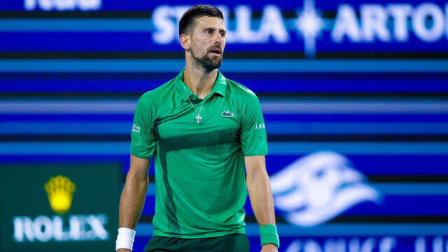 MIAMI GARDENS, FL - MARCH 30: Novak Djokovic (SRB) reacts in the game against Jakub Mensik (CZE) during the Men's Singles Final at the Miami Open on March 30, 2025, at Hard Rock Stadium in Miami Gardens, Florida,
