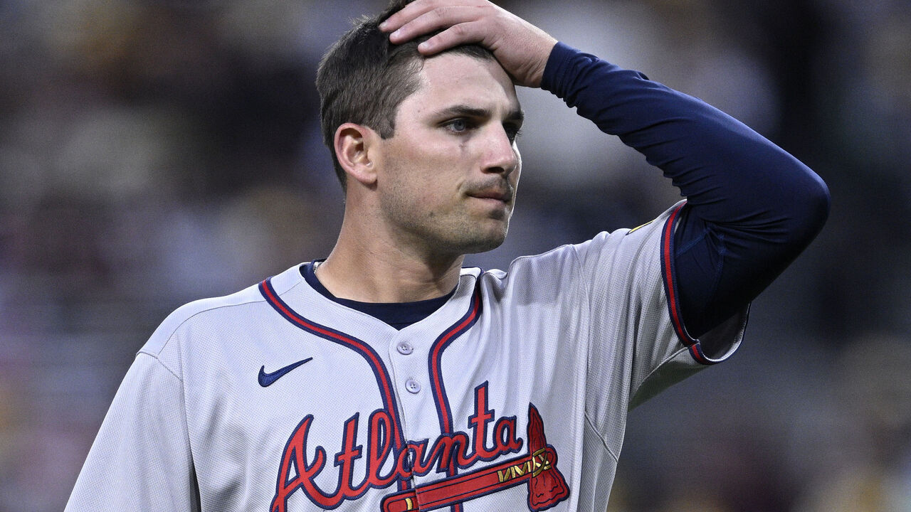 SAN DIEGO, CALIFORNIA - MARCH 28: Austin Riley #27 of the Atlanta Braves looks on during the first inning against the San Diego Padres at Petco Park on March 28, 2025 in San Diego, California.