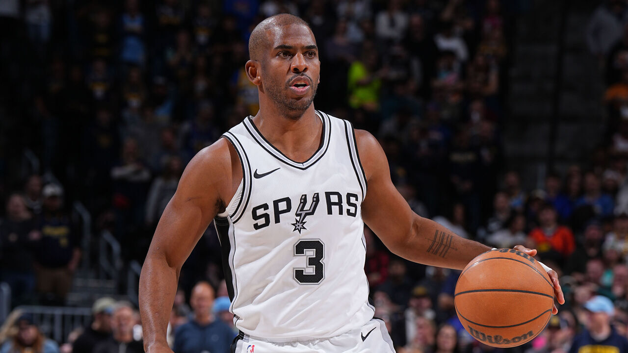 DENVER, CO - APRIL 2: Chris Paul #3 of the San Antonio Spurs handles the ball during the game against the Denver Nuggets on April 2, 2025 at Ball Arena in Denver, Colorado. NOTE TO USER: User expressly acknowledges and agrees that, by downloading and/or using this Photograph, user is consenting to the terms and conditions of the Getty Images License Agreement. Mandatory Copyright Notice: Copyright 2025 NBAE