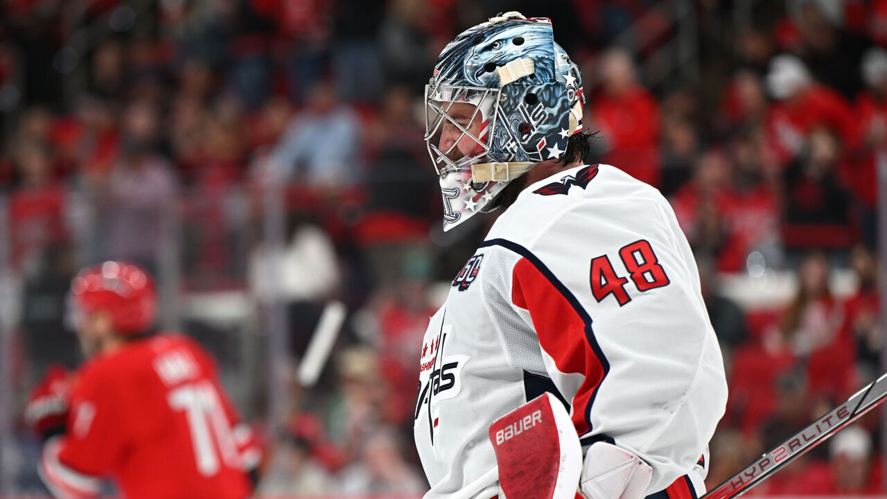 RALEIGH, NC - APRIL 02: Washington Capitals goalie Logan Thompson (48) skates to the bench at the end of the first period during the NHL game between the Washington Capitals and the Carolina Hurricanes on April 2, 2025 at Lenovo Center in Raleigh, North Carolina.