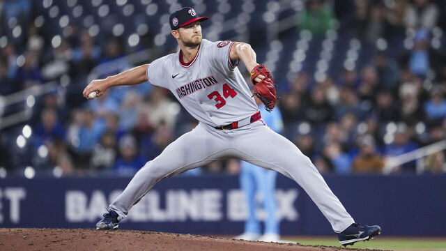 TORONTO, ON - MARCH 31: Mike Soroka #34 of the Washington Nationals pitches to the Toronto Blue Jays during the first inning in their MLB game at the Rogers Centre on March 31, 2025 in Toronto, Ontario, Canada.