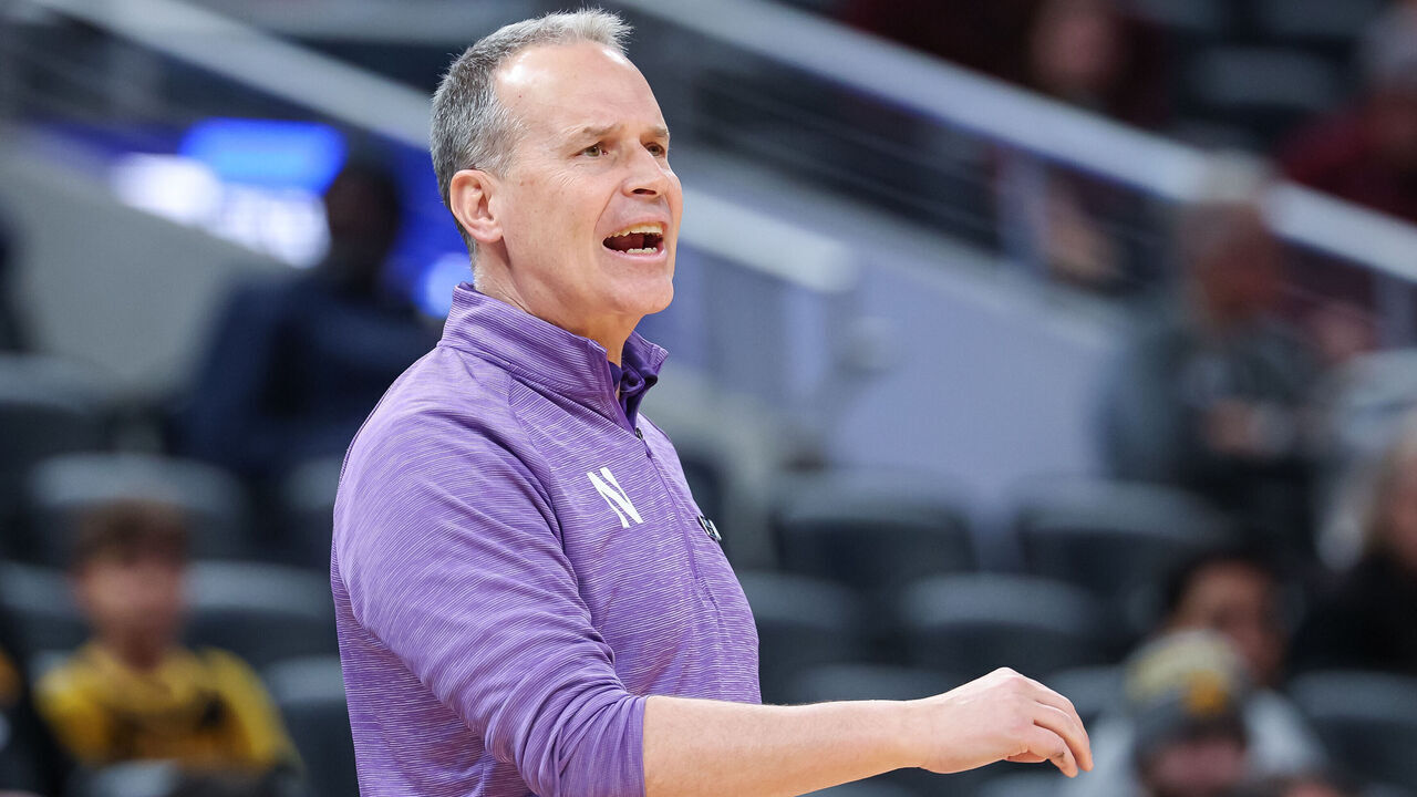INDIANAPOLIS, INDIANA - MARCH 12: Head coach Chris Collins of the Northwestern Wildcats watches the game against the Minnesota Golden Gophers in the Big Ten Men's Basketball Tournament first round at Gainbridge Fieldhouse on March 12, 2025 in Indianapolis, Indiana.
