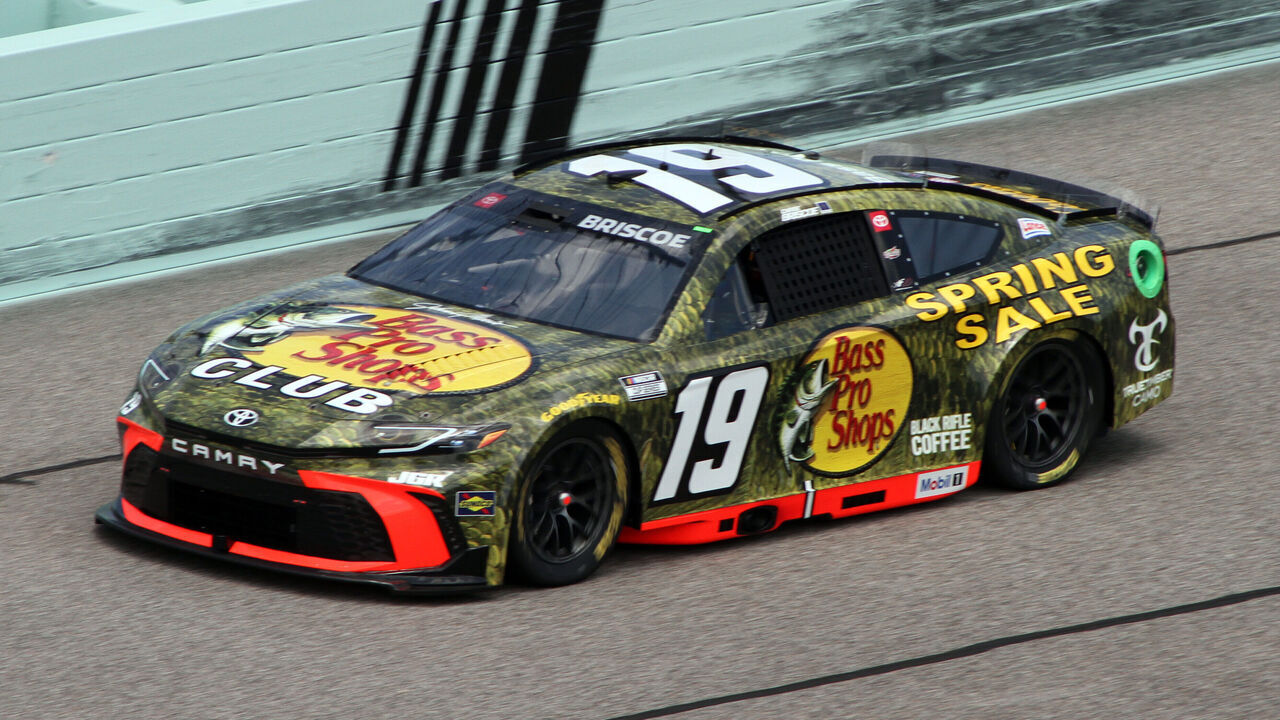 HOMESTEAD, FL - MARCH 22: Chase Briscoe (#19 Joe Gibbs Racing Bass Pro Shops Spring Fishing Classic Toyota) runs through turn 4 during practice for the NASCAR Cup Series Straight Talk Wireless 400 on March 22, 2025, at Homestead-Miami Speedway in Homestead, FL.