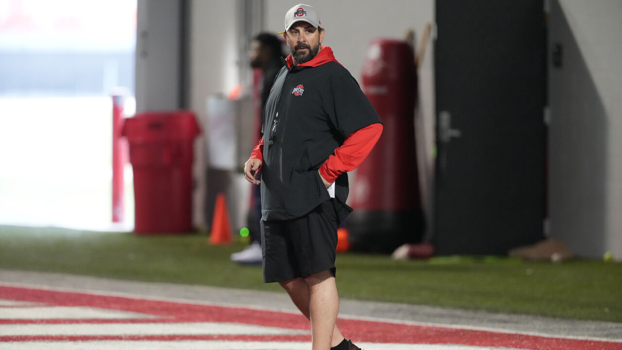 COLUMBUS, OHIO - MARCH 19 Ohio State Buckeyes defensive coordinator Matt Patricia looks on during spring practice at Woody Hayes Athletic Center on March 19, 2025 in Columbus, Ohio.