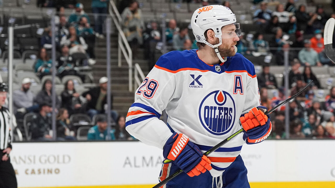 SAN JOSE, CA - APRIL 3: Leon Draisaitl #29 of the Edmonton Oilers skates between plays in the first period against the San Jose Sharks at SAP Center on April 3, 2025 in San Jose, California.