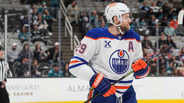 SAN JOSE, CA - APRIL 3: Leon Draisaitl #29 of the Edmonton Oilers skates between plays in the first period against the San Jose Sharks at SAP Center on April 3, 2025 in San Jose, California.