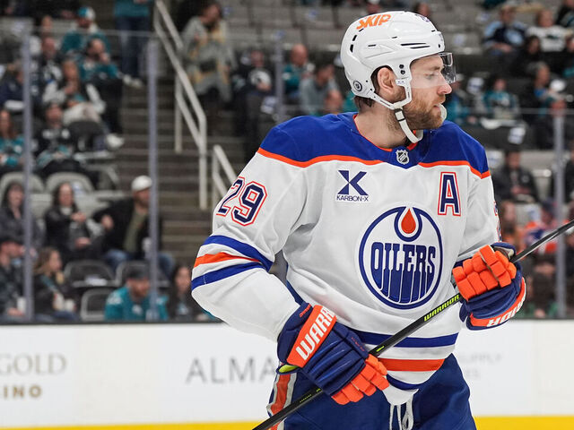 SAN JOSE, CA - APRIL 3: Leon Draisaitl #29 of the Edmonton Oilers skates between plays in the first period against the San Jose Sharks at SAP Center on April 3, 2025 in San Jose, California.