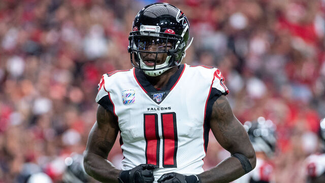 GLENDALE, ARIZONA - OCTOBER 13: Julio Jones #11 of the Atlanta Falcons reacts after a play during the NFL game against the Arizona Cardinals at State Farm Stadium on October 13, 2019 in Glendale, Arizona. The Cardinals defeated the Falcons 34-33.