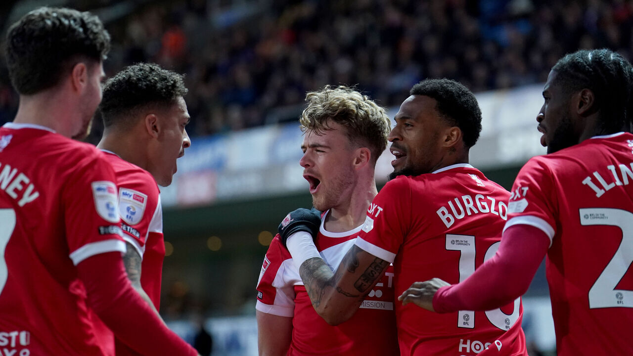 Middlesbrough's Tommy Conway celebrates scoring their side's first goal of the game during the Sky Bet Championship match at Ewood Park, Blackburn. Picture date: Friday April 4, 2025.