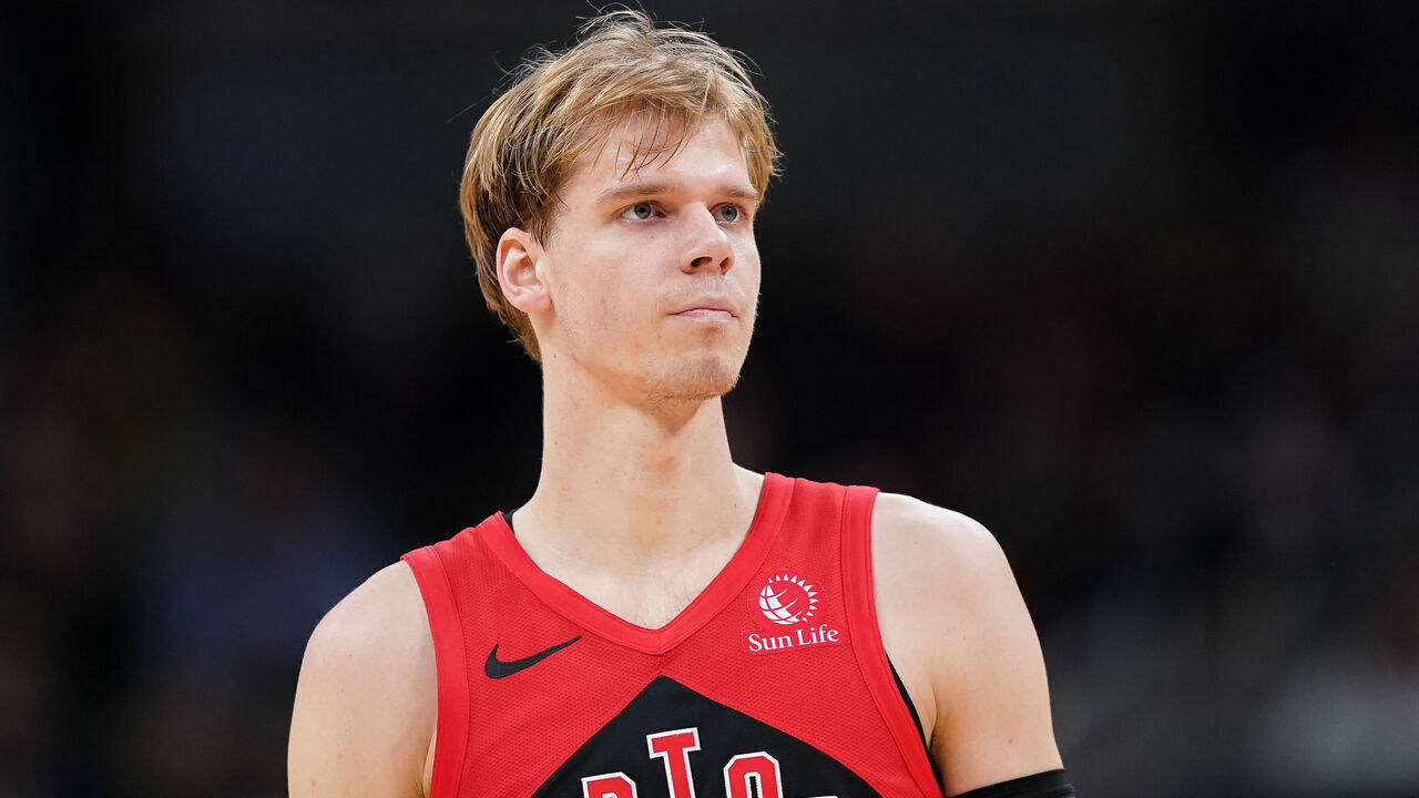 INDIANAPOLIS, INDIANA - FEBRUARY 26: Gradey Dick #1 of the Toronto Raptors looks on in the third quarter against the Indiana Pacers at Gainbridge Fieldhouse on February 26, 2025 in Indianapolis, Indiana.