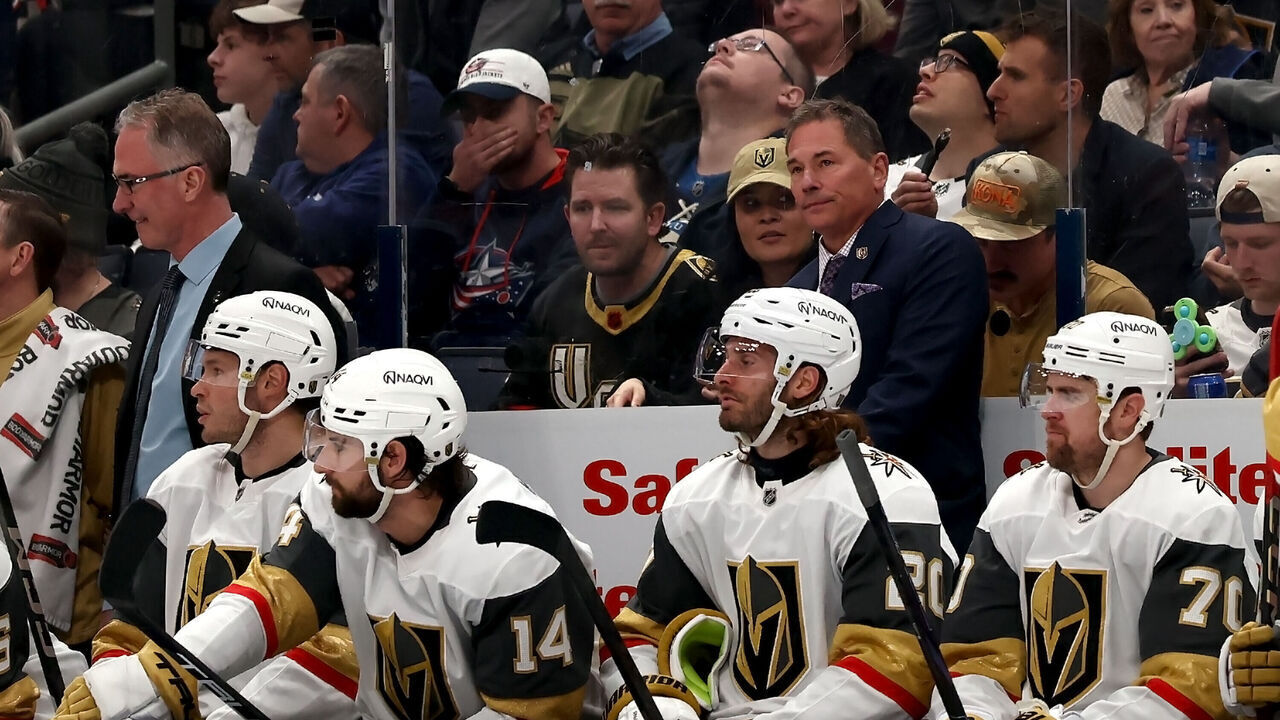 COLUMBUS, OHIO - MARCH 13: Head coach Bruce Cassidy of the Vegas Golden Knights stands on the bench during the game against the Columbus Blue Jackets at Nationwide Arena on March 13, 2025 in Columbus, Ohio.