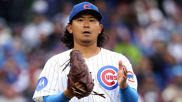CHICAGO, IL - APRIL 04: Shota Imanaga #18 of the Chicago Cubs reacts in the seventh inning during the game between the San Diego Padres and the Chicago Cubs at Wrigley Field on Friday, April 4, 2025 in Chicago, Illinois.