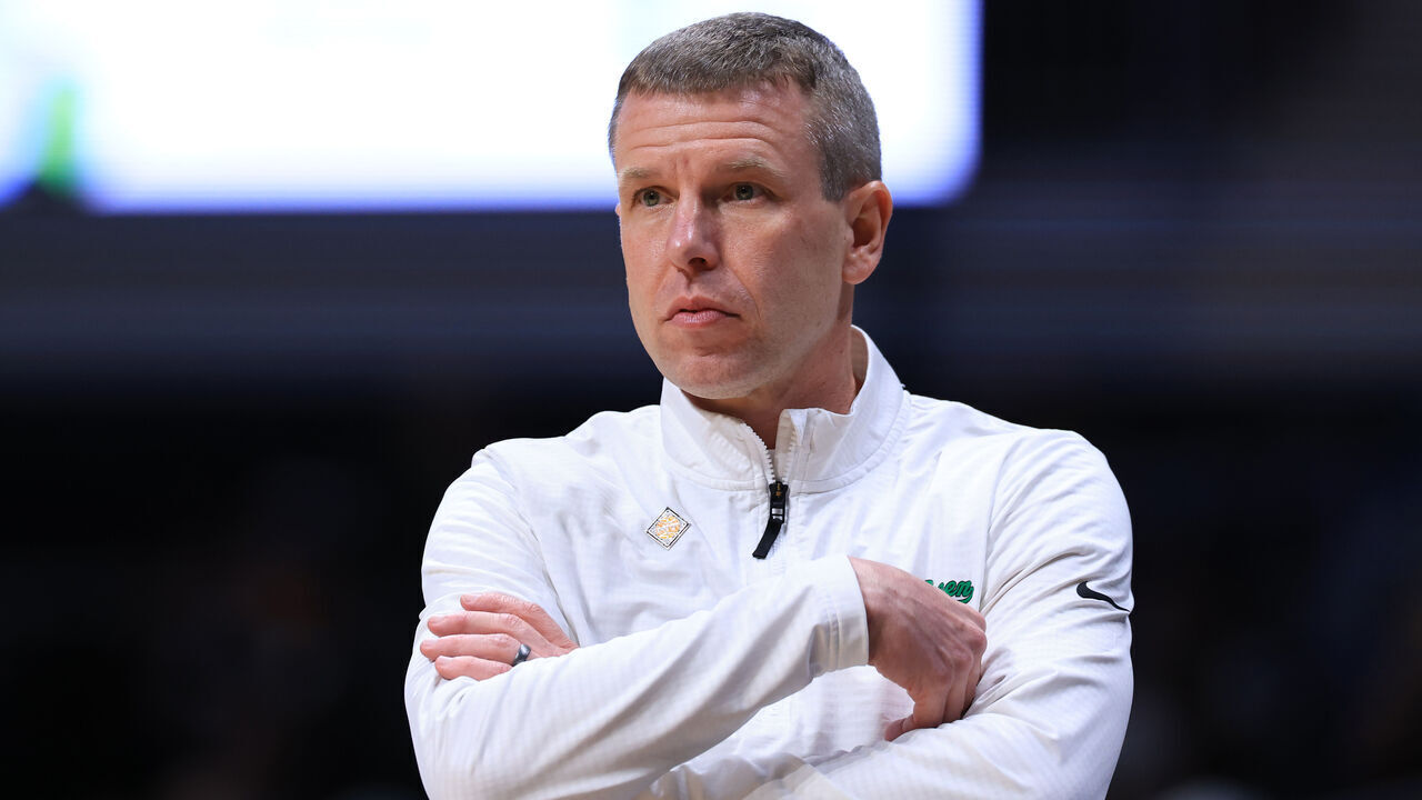 INDIANAPOLIS, INDIANA - APRIL 01: Head coach Ross Hodge of the North Texas Mean Green looks on during the first half against the UC Irvine Anteaters during the semifinals of the 20025 Men's National Invitational Tournament at Hinkle Fieldhouse on April 01, 2025 in Indianapolis, Indiana.