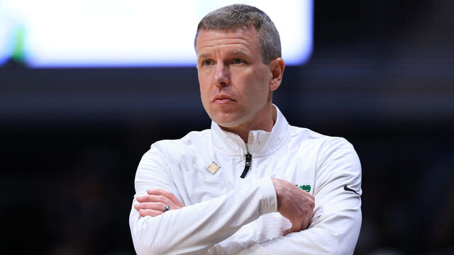 INDIANAPOLIS, INDIANA - APRIL 01: Head coach Ross Hodge of the North Texas Mean Green looks on during the first half against the UC Irvine Anteaters during the semifinals of the 20025 Men's National Invitational Tournament at Hinkle Fieldhouse on April 01, 2025 in Indianapolis, Indiana.