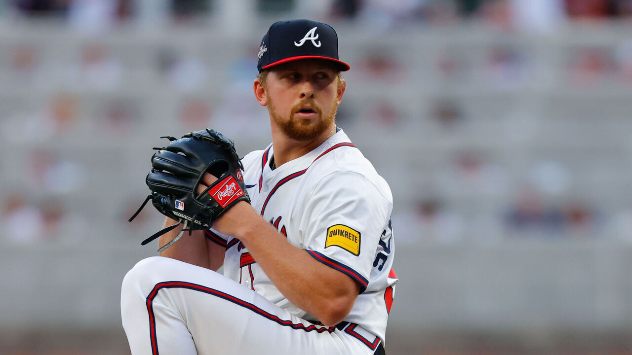 ATLANTA, GA - APRIL 04: Spencer Schwellenbach #56 of the Atlanta Braves pitches during the game between the Miami Marlins and the Atlanta Braves at Truist Park on Friday, April 4, 2025 in Atlanta, Georgia.