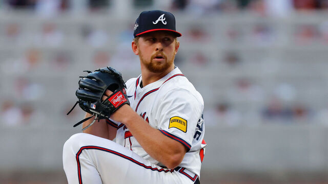 ATLANTA, GA - APRIL 04: Spencer Schwellenbach #56 of the Atlanta Braves pitches during the game between the Miami Marlins and the Atlanta Braves at Truist Park on Friday, April 4, 2025 in Atlanta, Georgia.