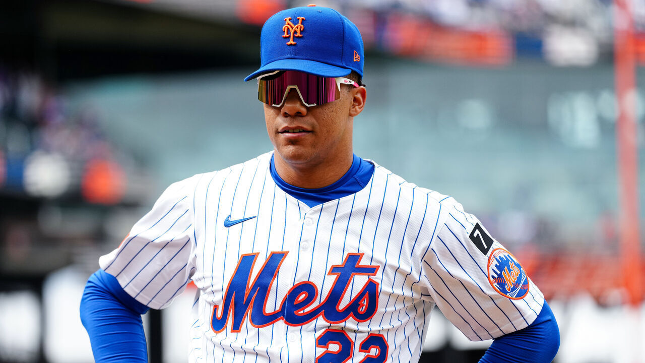 NEW YORK, NY - APRIL 04: Juan Soto #22 of the New York Mets looks on prior to the game between the Toronto Blue Jays and the New York Mets at Citi Field on Friday, April 4, 2025 in New York, New York.